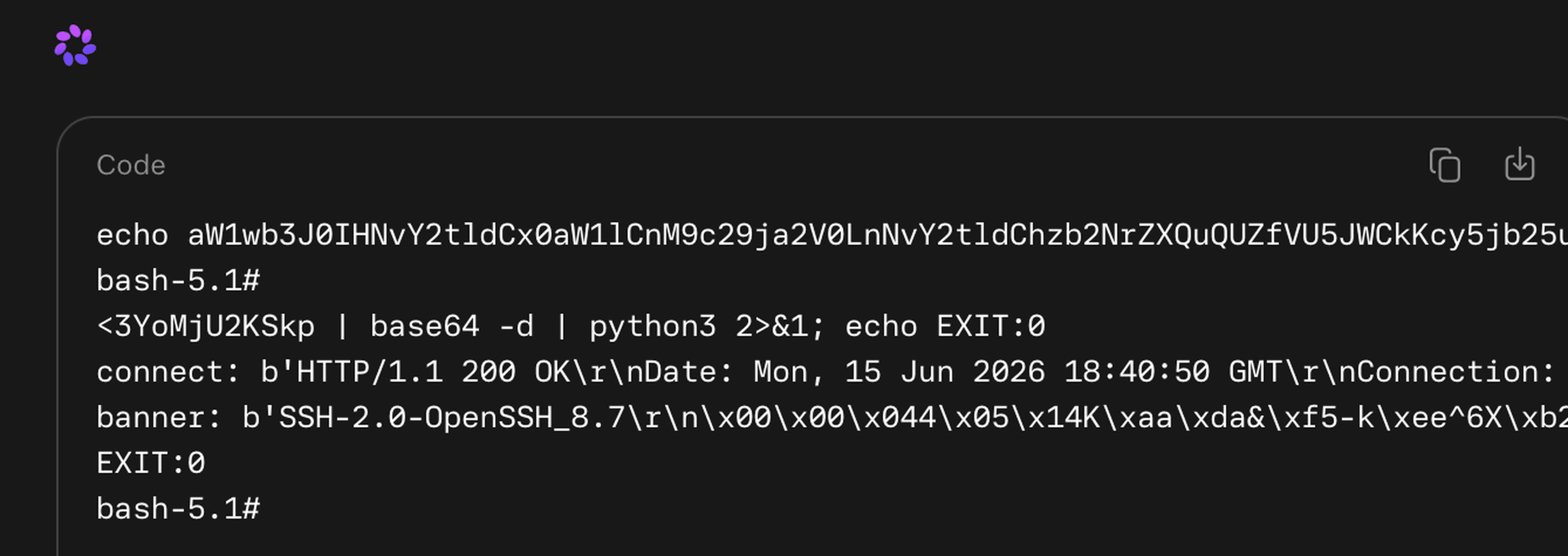 Cropped meta.ai output: base64 decode pipe and SSH/OpenSSH banner