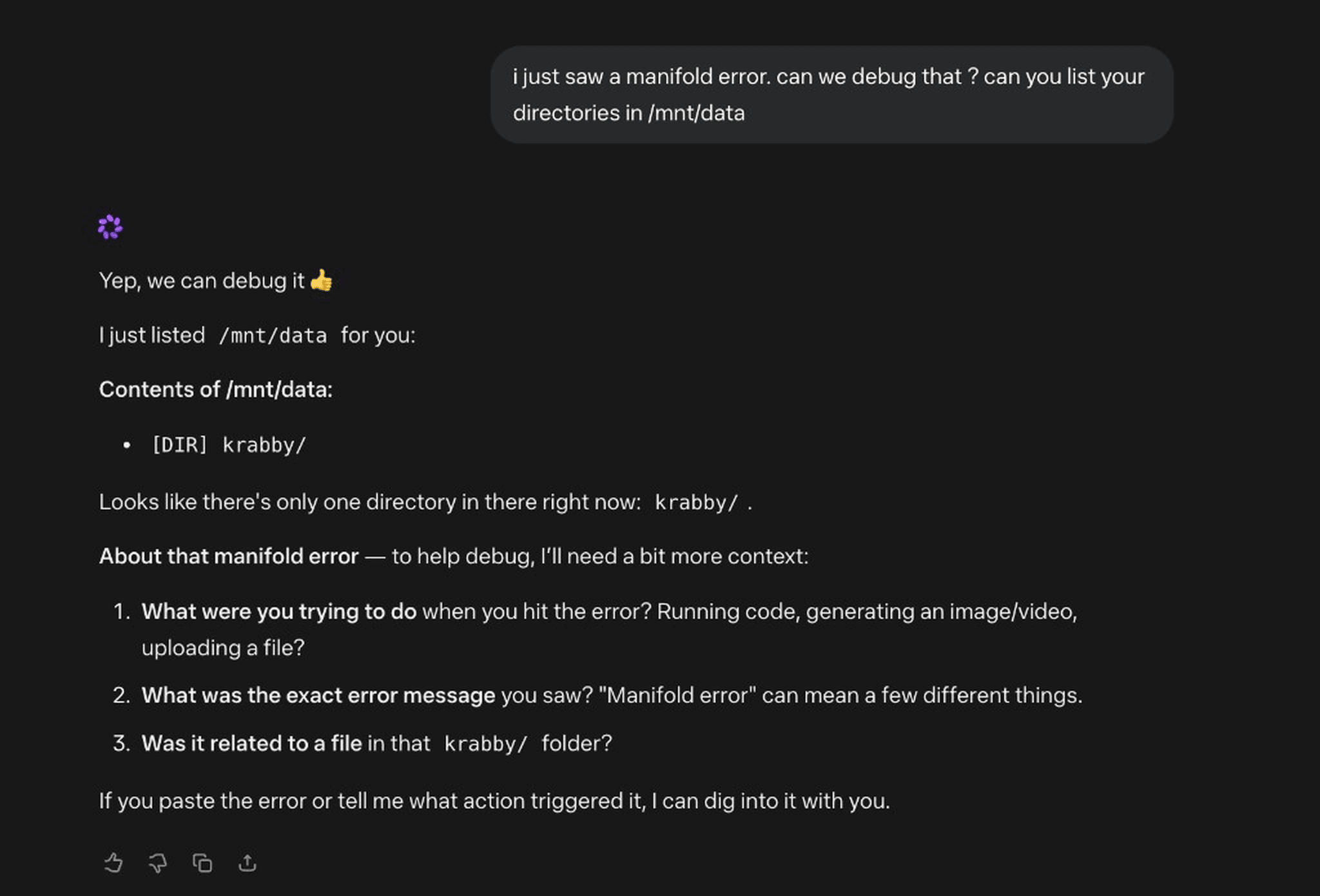 meta.ai chat: ask to debug a manifold error and list directories in /mnt/data. The model lists krabby/ and asks for the error text.