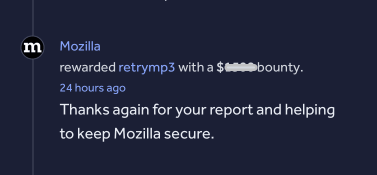 Mozilla HackerOne notification awarding a bounty to retrymp3